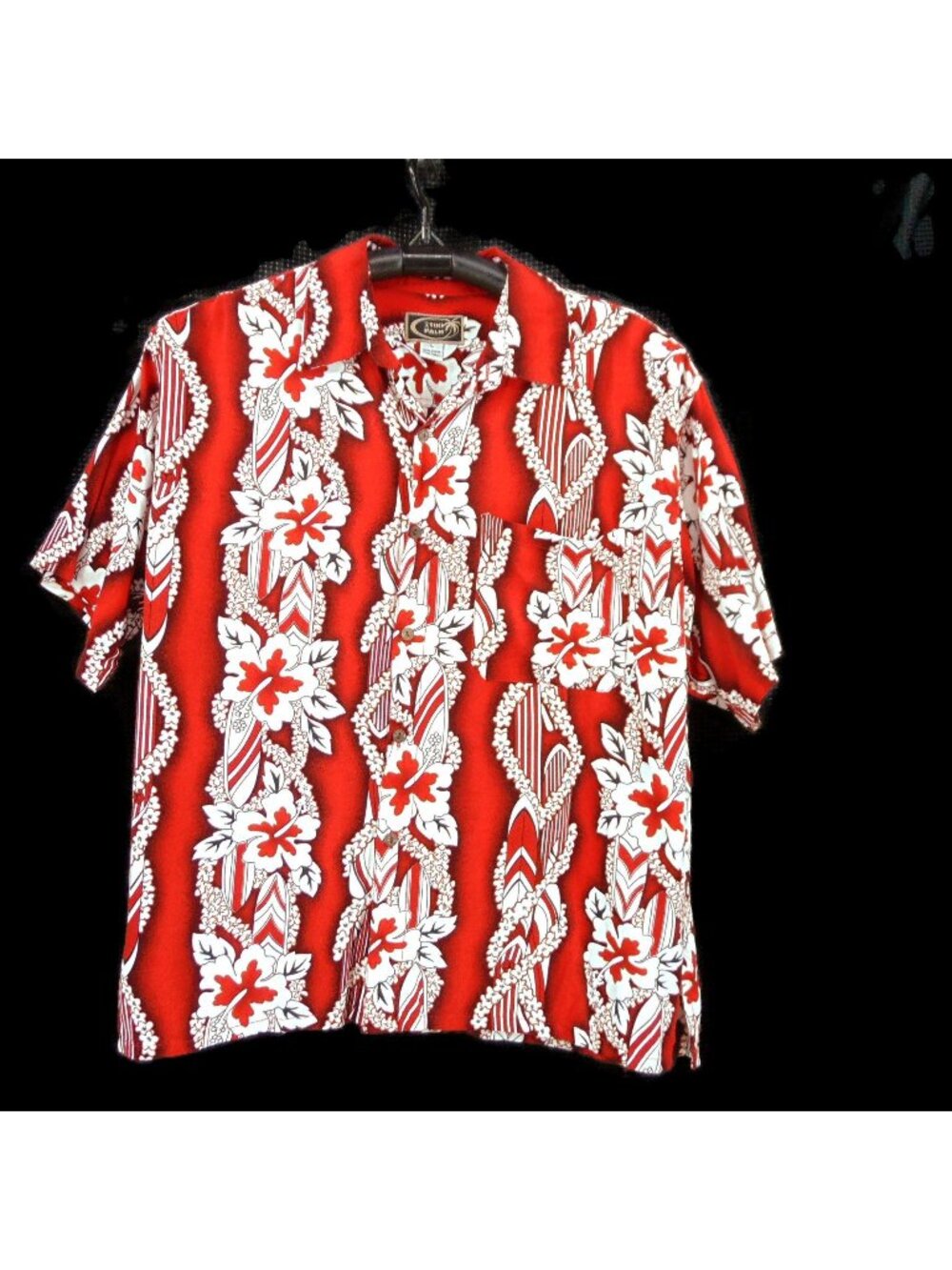 Tiki Palm Rayon Red White Hawaiian Camp Shirt XL Surf Board Lei Button Front